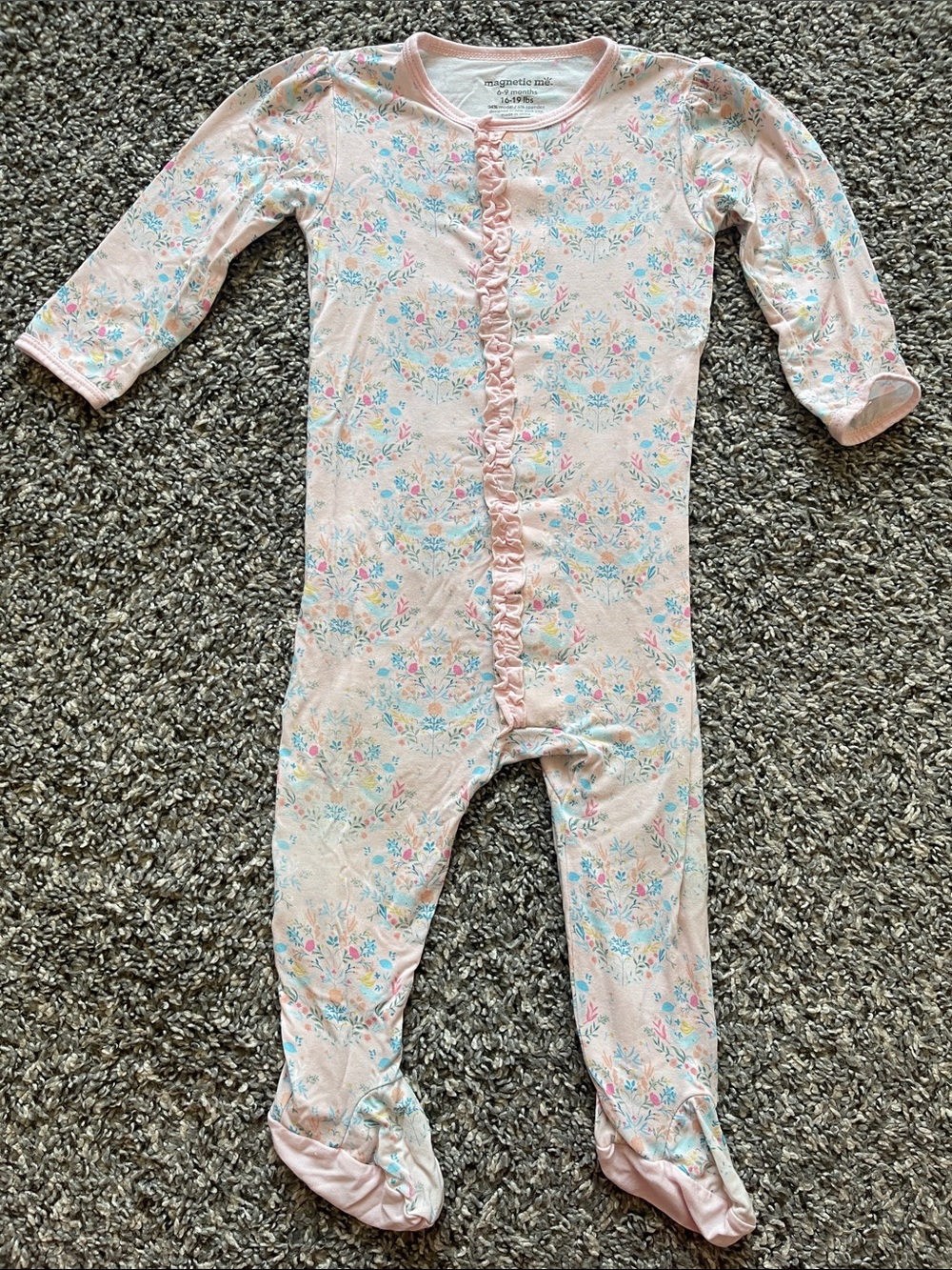 Magnetic Me Pink Floral Ruffle-Front Footed Pajama - Size 6-9 months